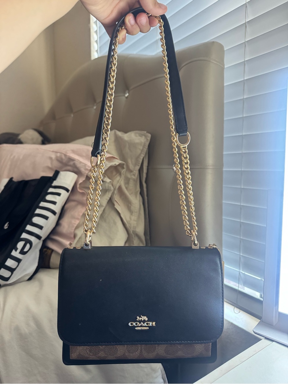 Coach Black Leather Shoulder Bag with Signature Canvas Trim